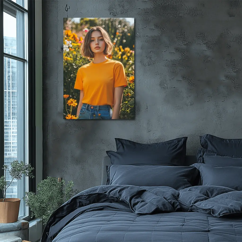 Young Woman Orange Shirt Garden Flowers – Wall Art