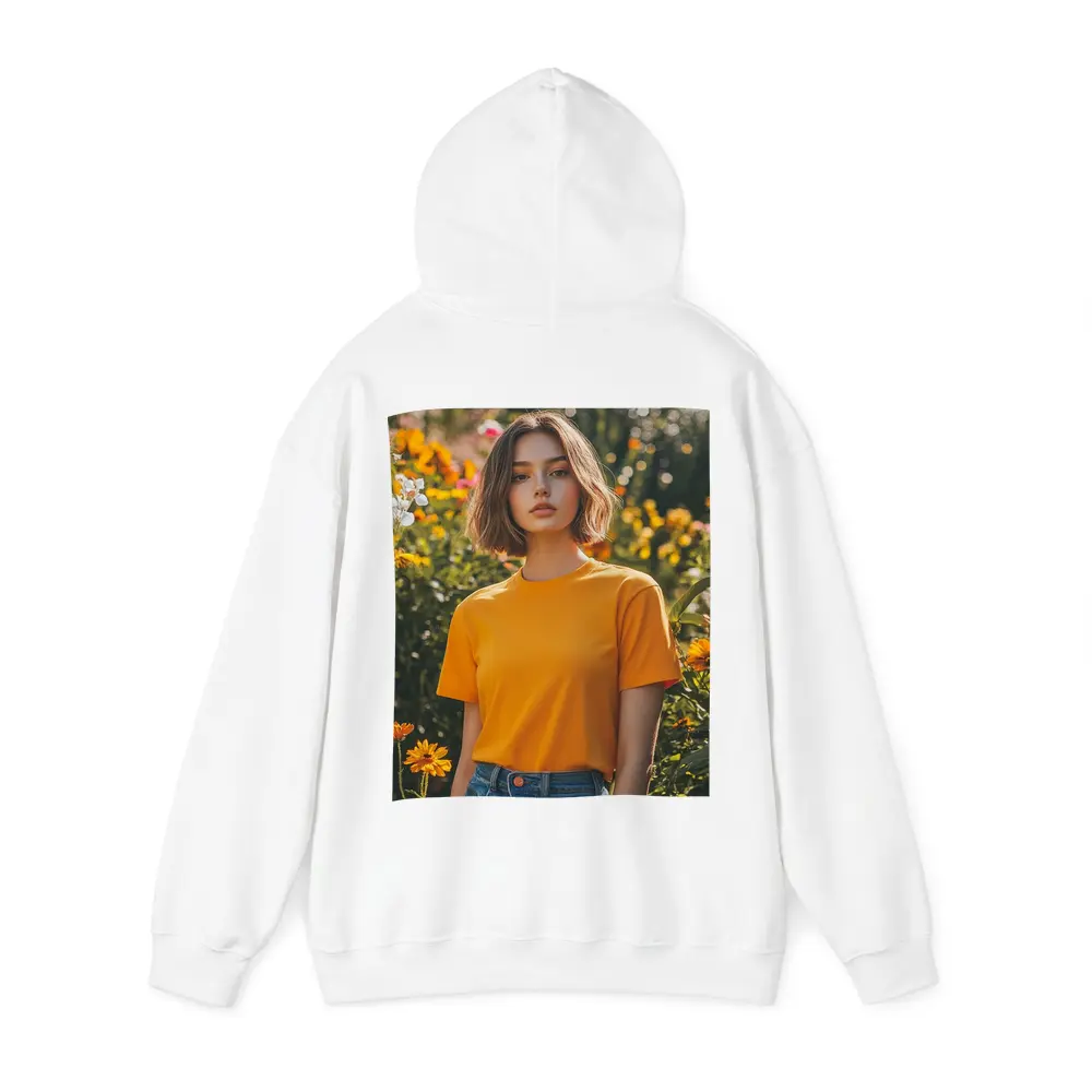 Young Woman Orange Shirt Garden Flowers – Hoodies
