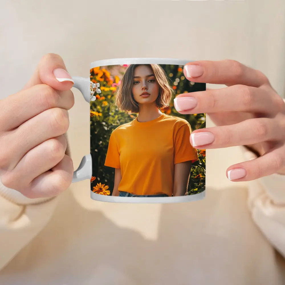 Young Woman Orange Shirt Garden Flowers – Mugs
