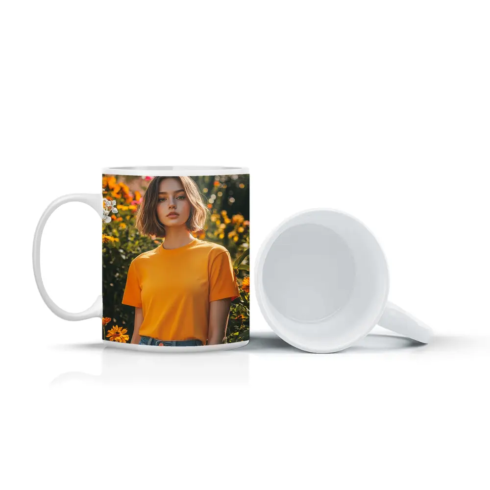 Young Woman Orange Shirt Garden Flowers – Mugs