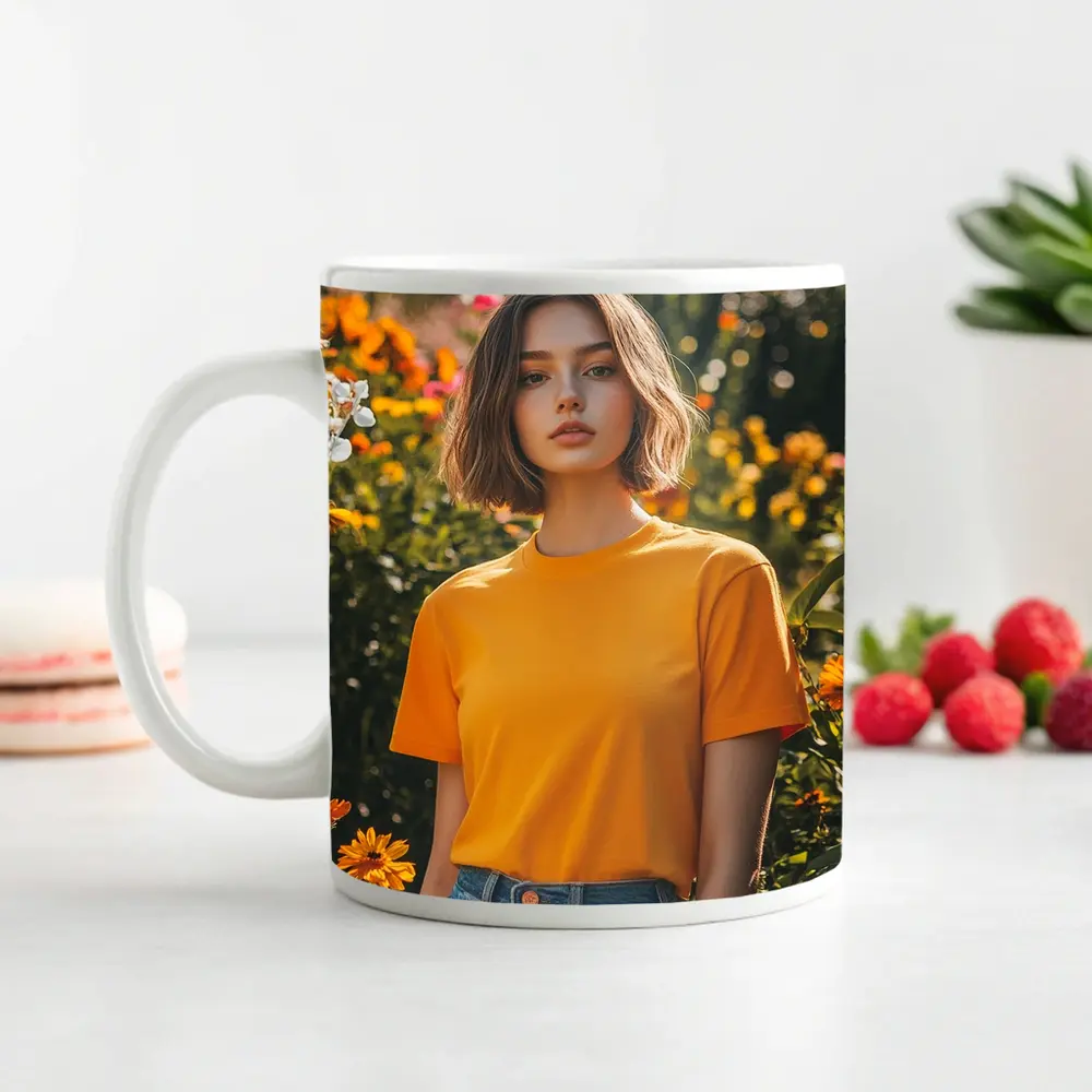 Young Woman Orange Shirt Garden Flowers – Mugs