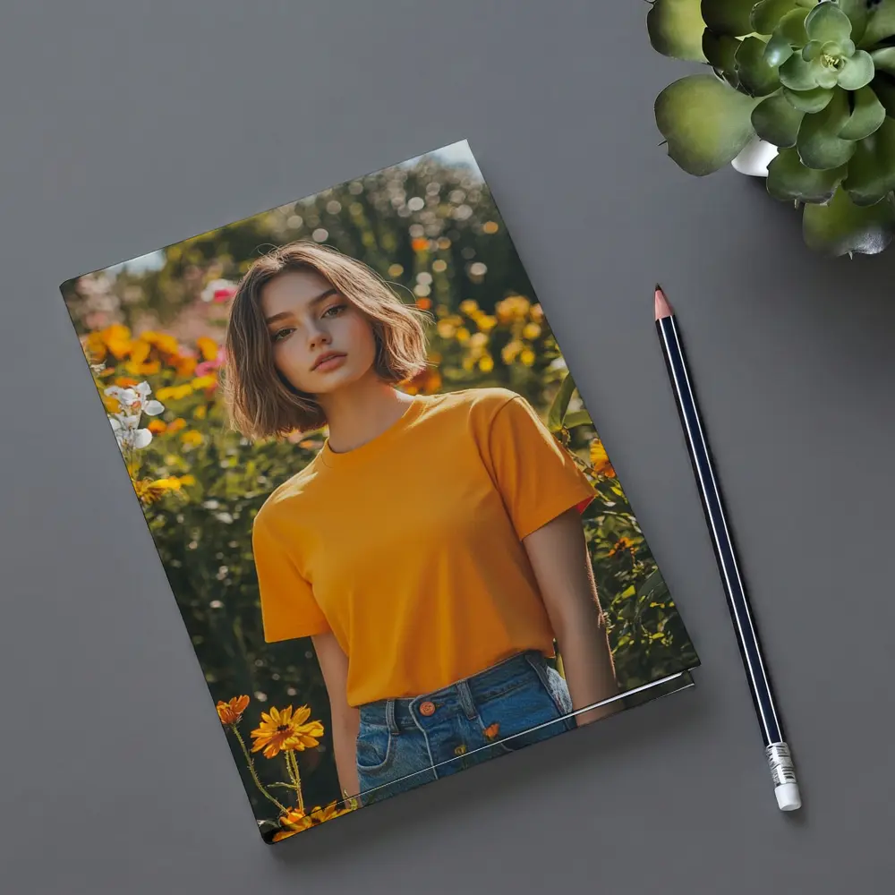 Young Woman Orange Shirt Garden Flowers – Notebooks