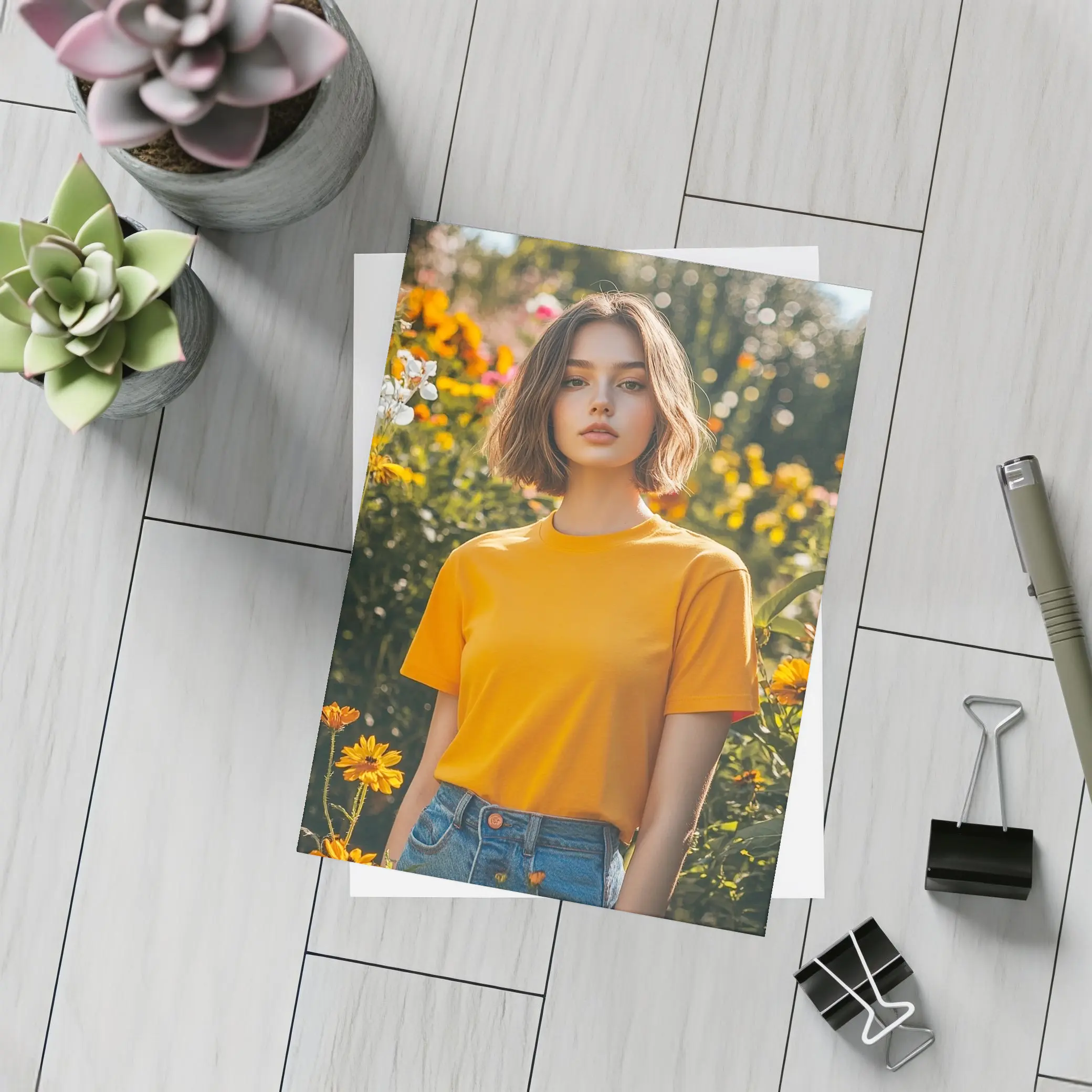 Young Woman Orange Shirt Garden Flowers – Postcards