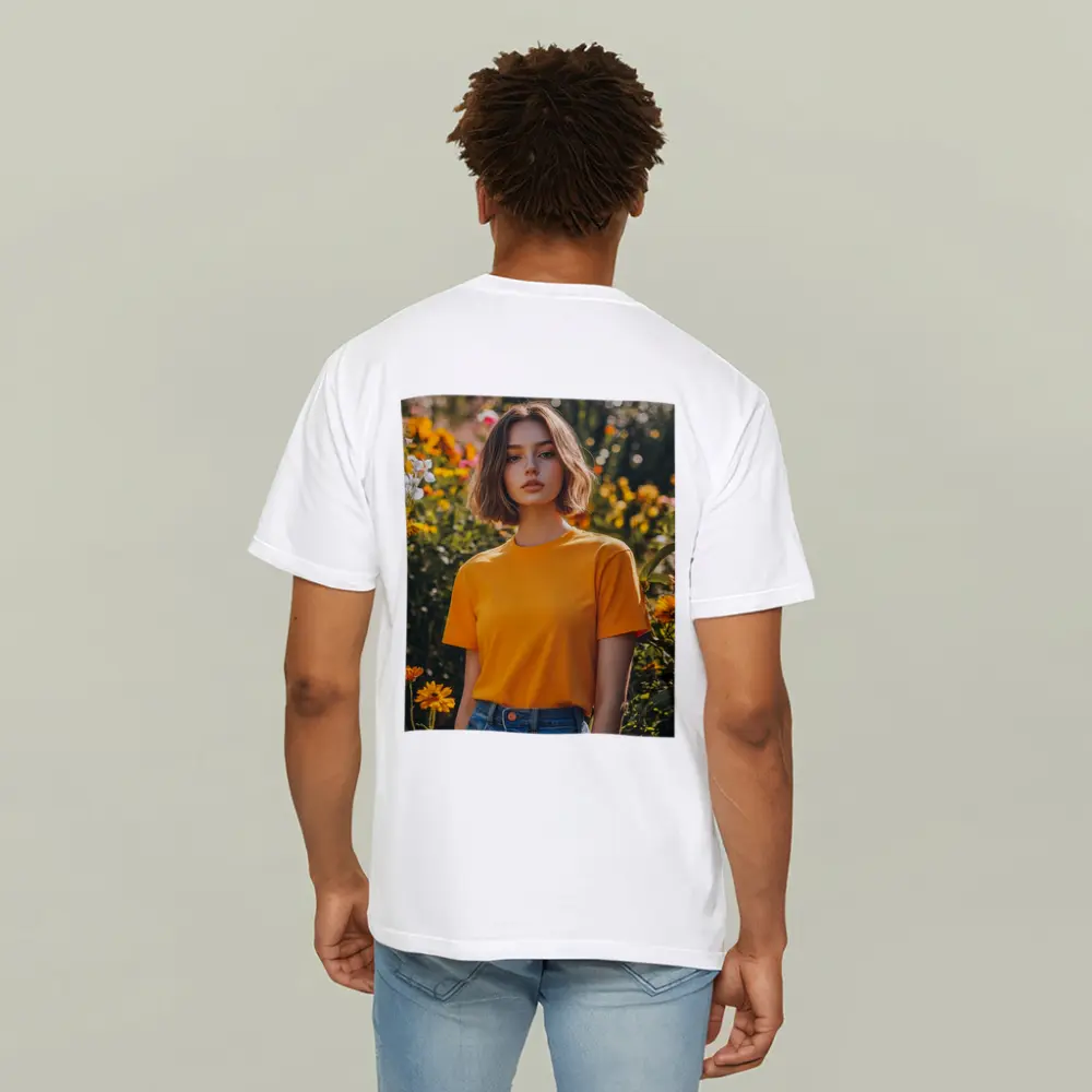 Young Woman Orange Shirt Garden Flowers – T-Shirts