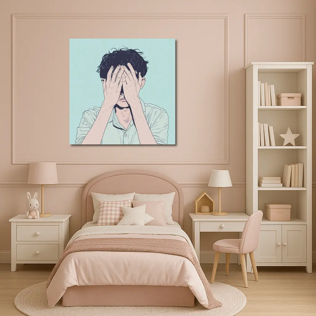Anime Man Covering Face Mint Background – Wall Art