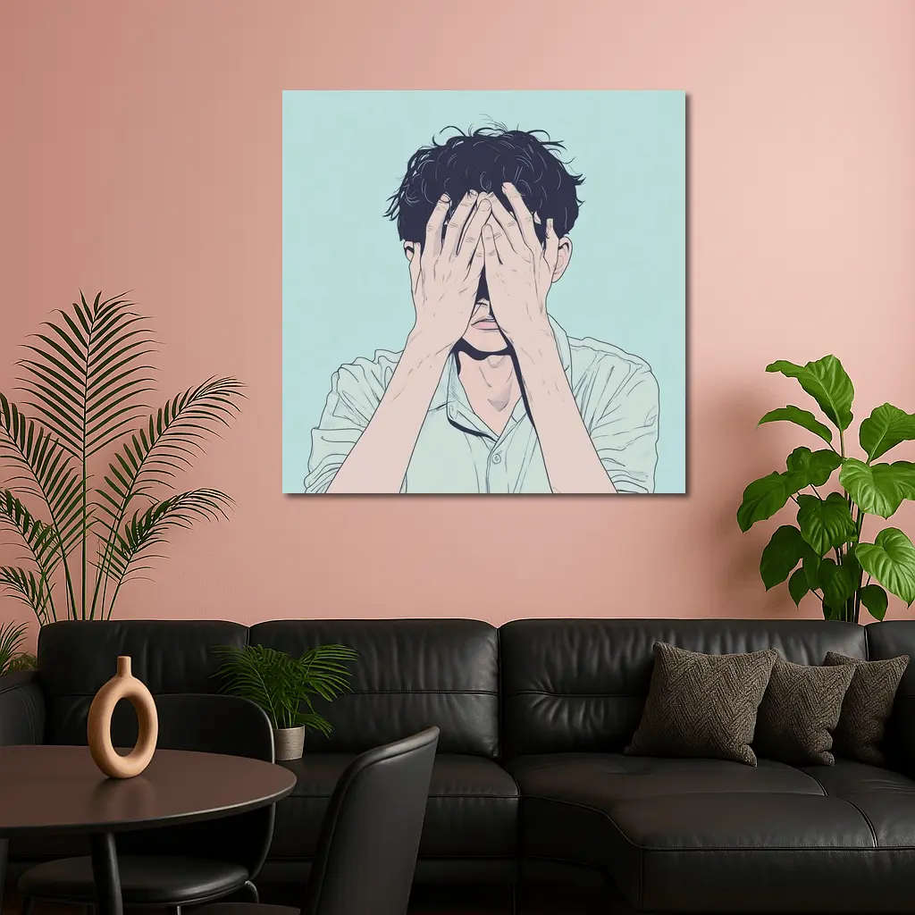 Anime Man Covering Face Mint Background – Wall Art