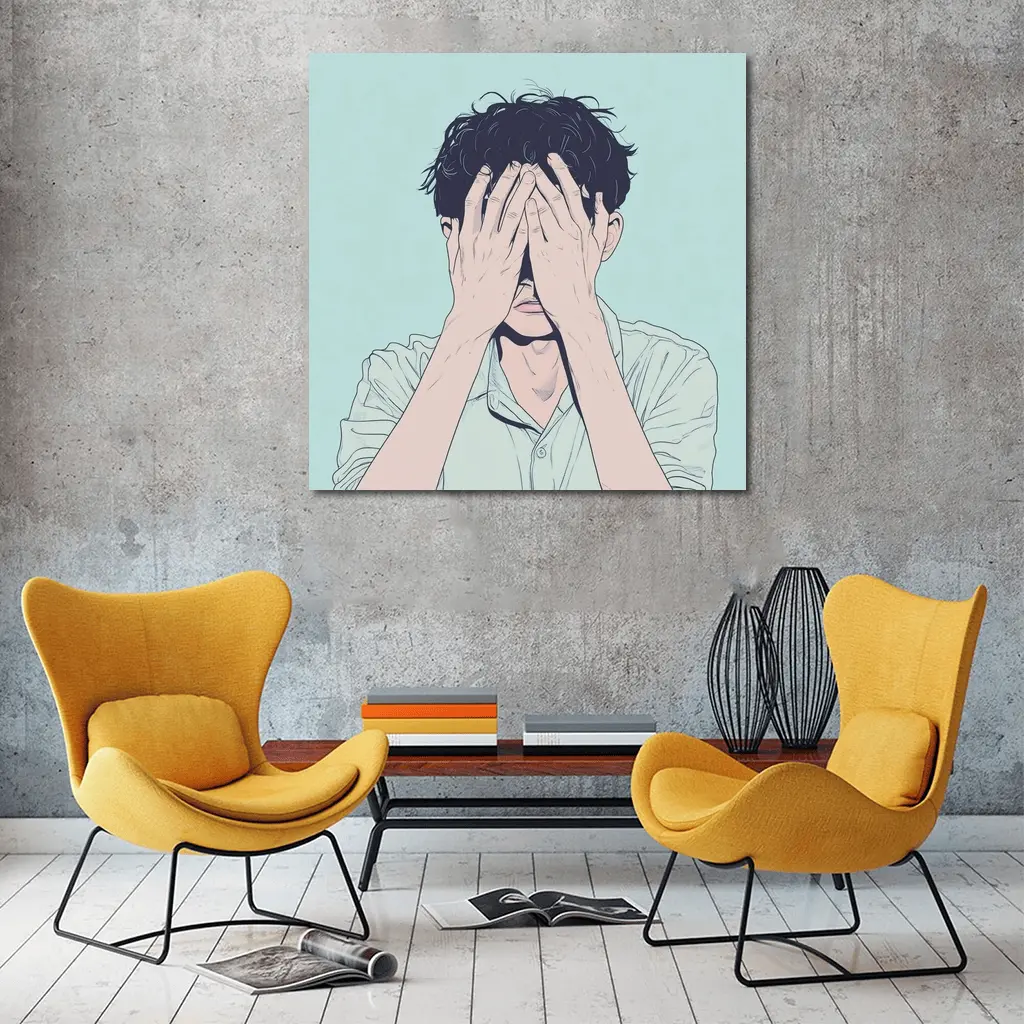Anime Man Covering Face Mint Background – Wall Art