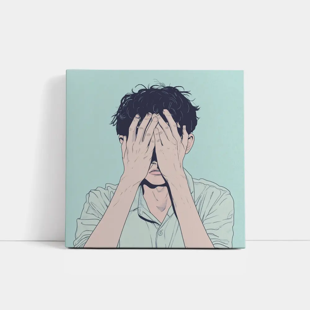 Anime Man Covering Face Mint Background – Wall Art