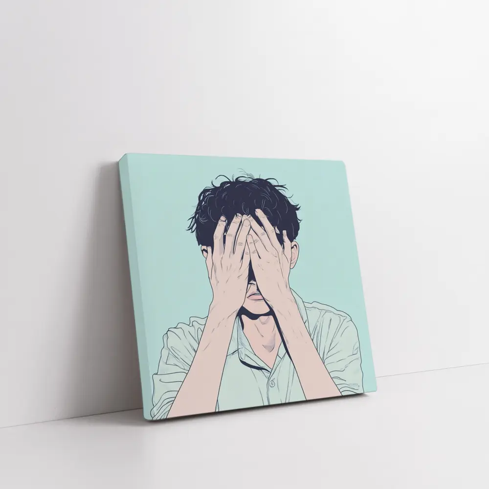 Anime Man Covering Face Mint Background – Wall Art