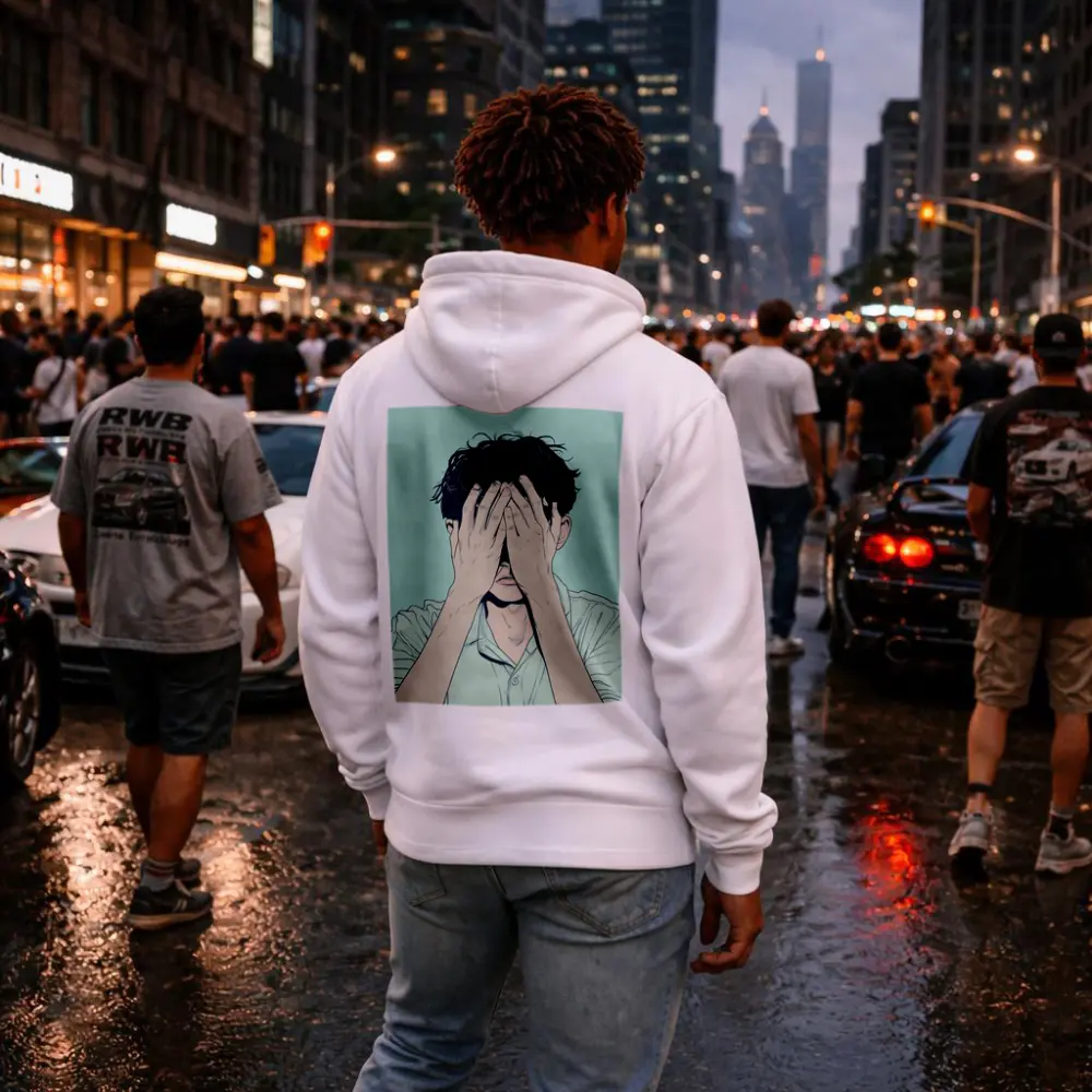 Anime Man Covering Face Mint Background – Hoodies
