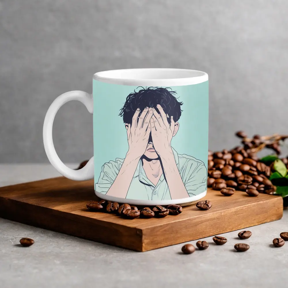 Anime Man Covering Face Mint Background – Mugs