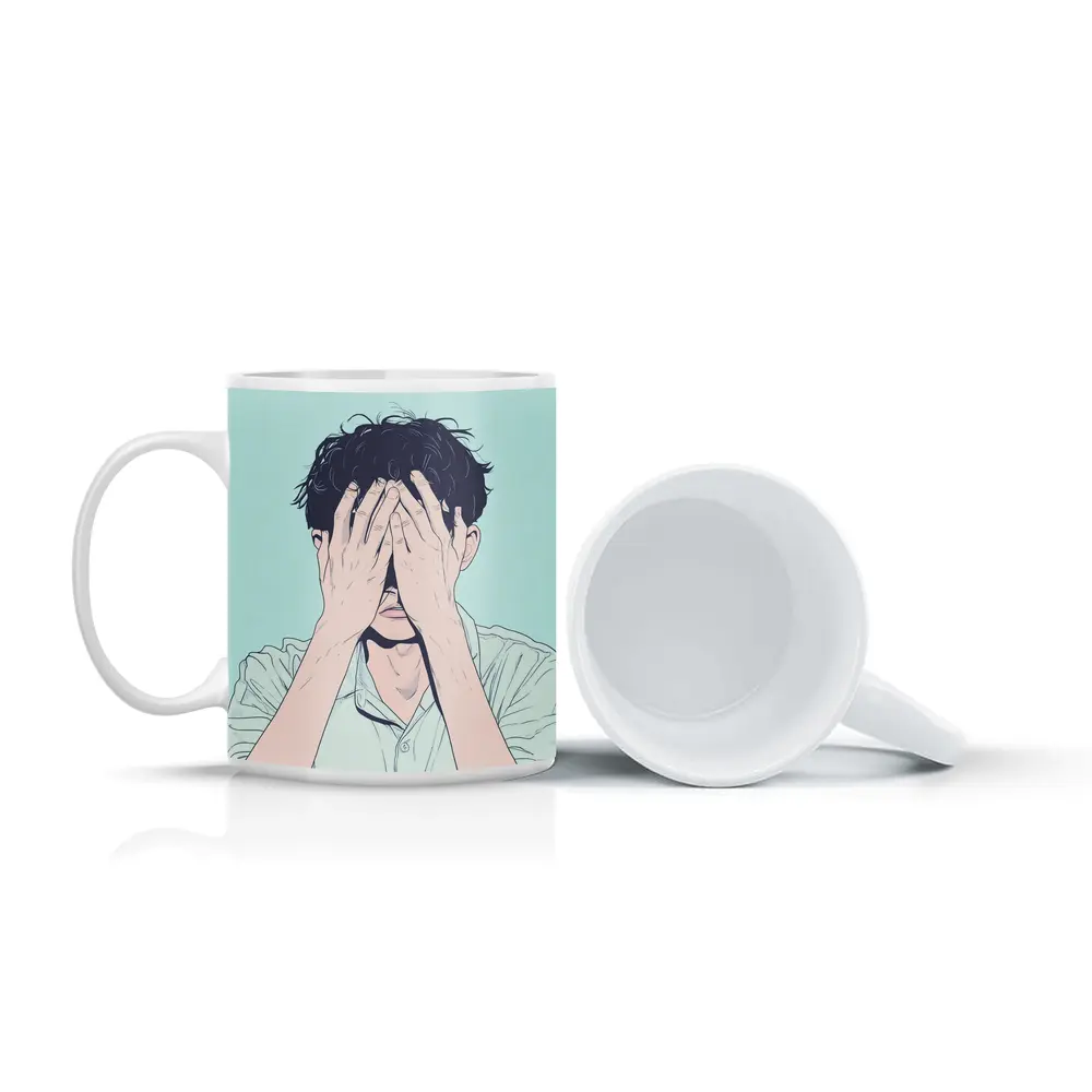Anime Man Covering Face Mint Background – Mugs