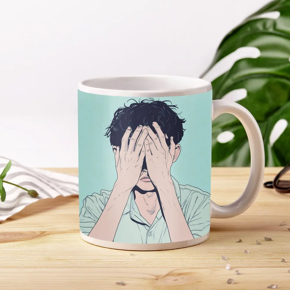 Anime Man Covering Face Mint Background – Mugs