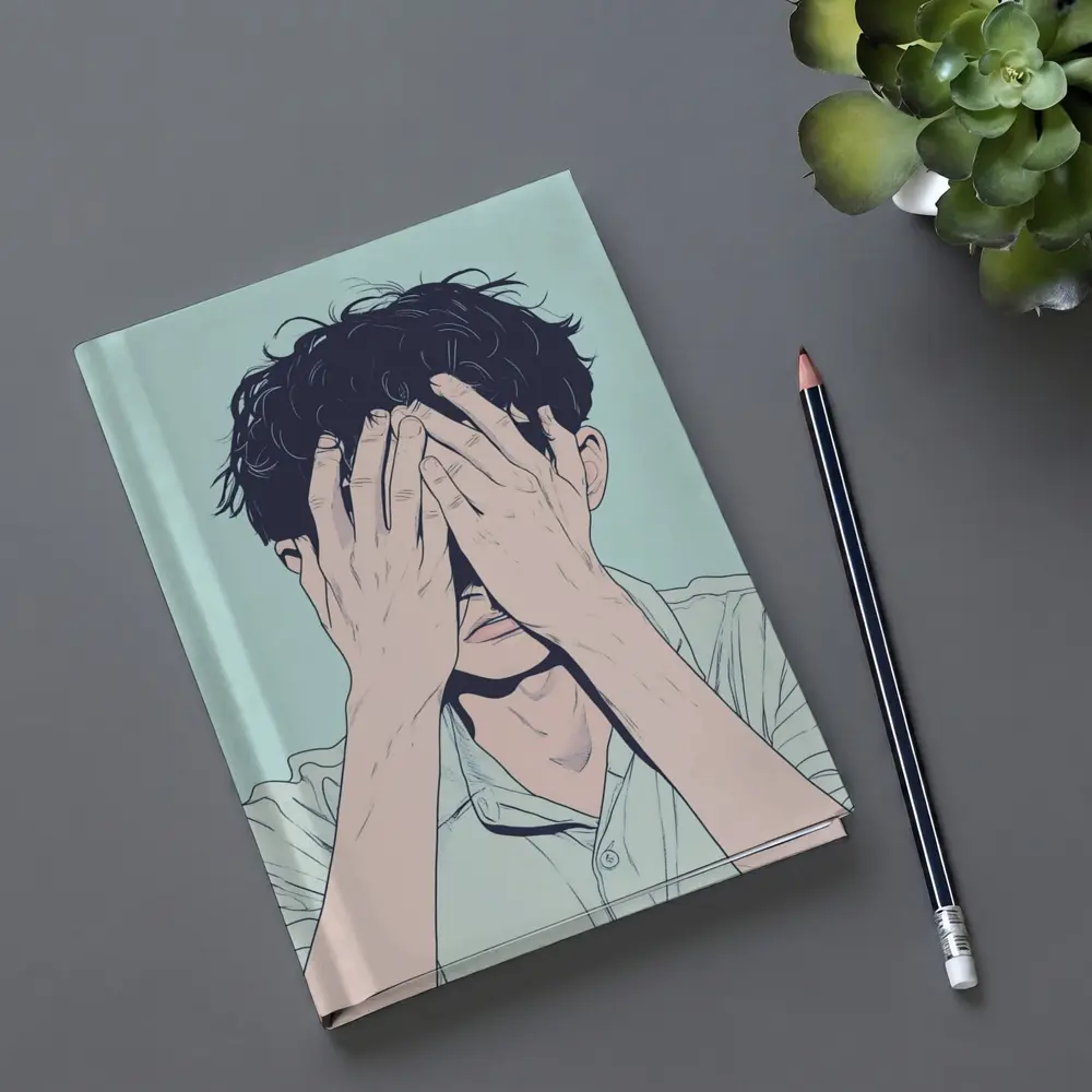 Anime Man Covering Face Mint Background – Notebooks