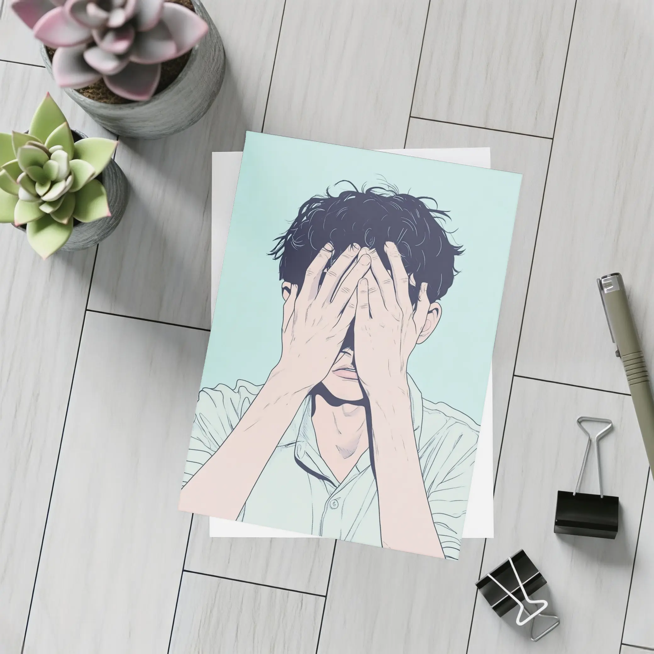 Anime Man Covering Face Mint Background – Postcards