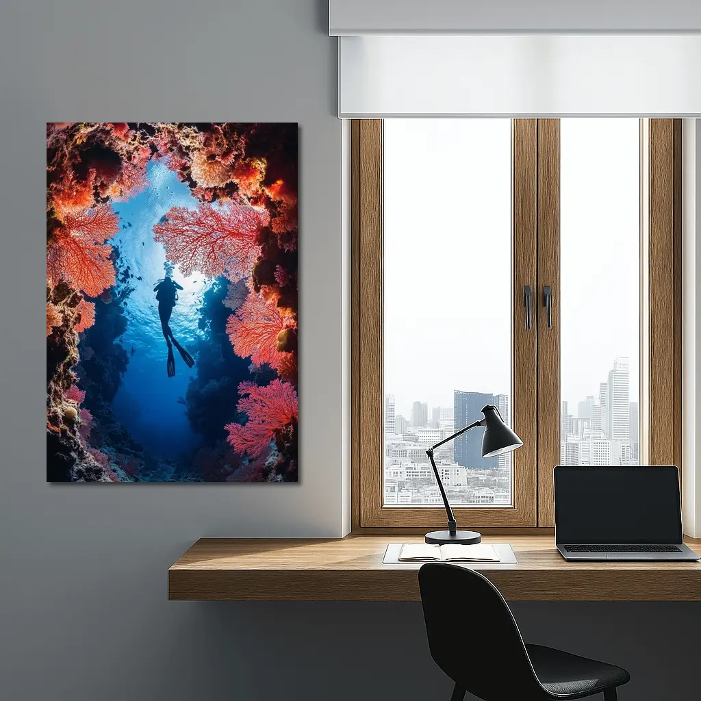 Scuba Diver Silhouette Deep Ocean Coral Reef – Wall Art