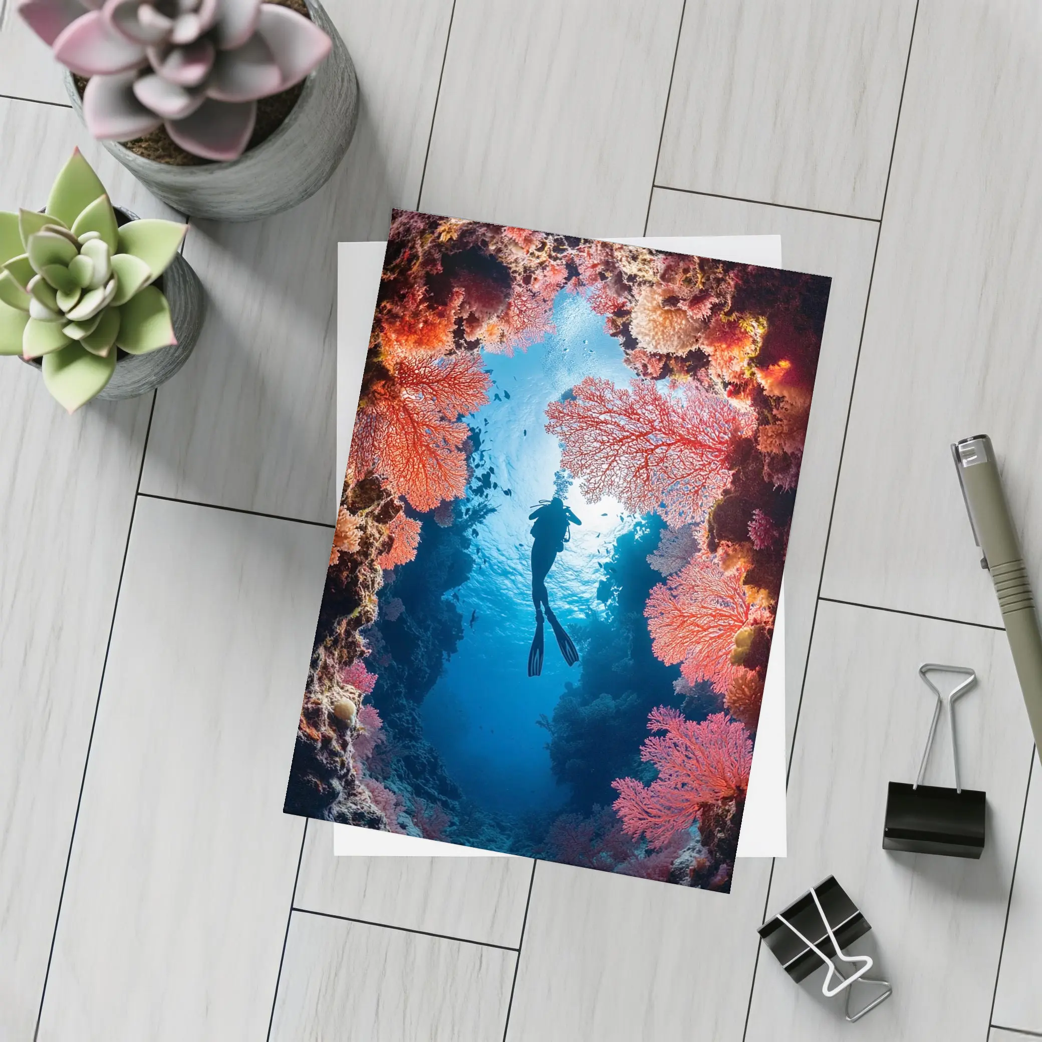 Scuba Diver Silhouette Deep Ocean Coral Reef – Postcards