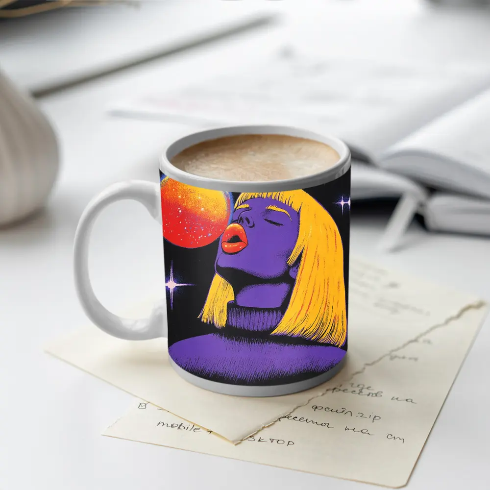 Purple Woman Yellow Hair Cosmic Space Art – Mugs