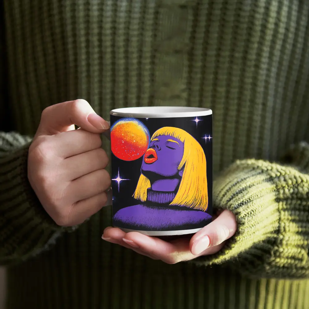 Purple Woman Yellow Hair Cosmic Space Art – Mugs