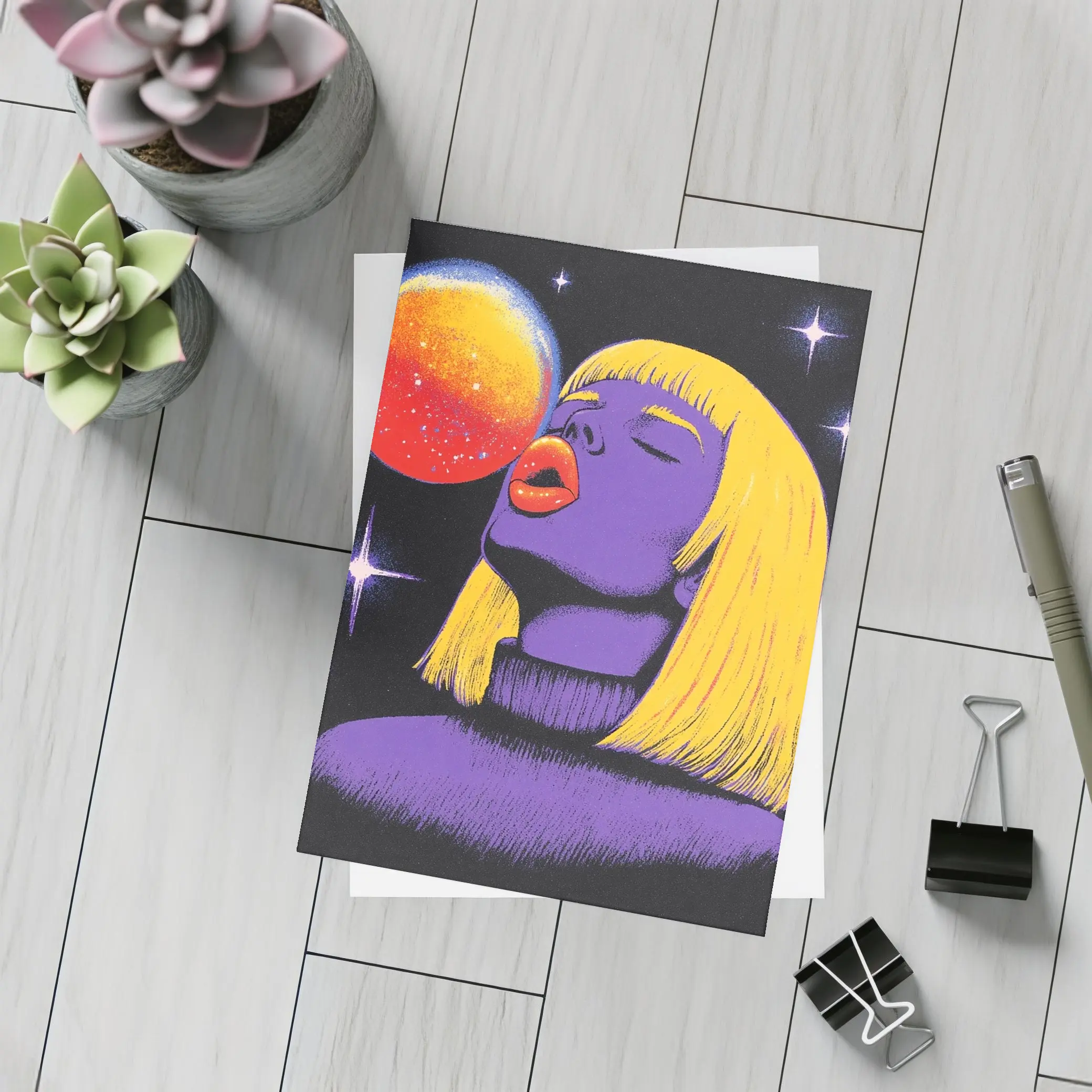 Purple Woman Yellow Hair Cosmic Space Art – Postcards