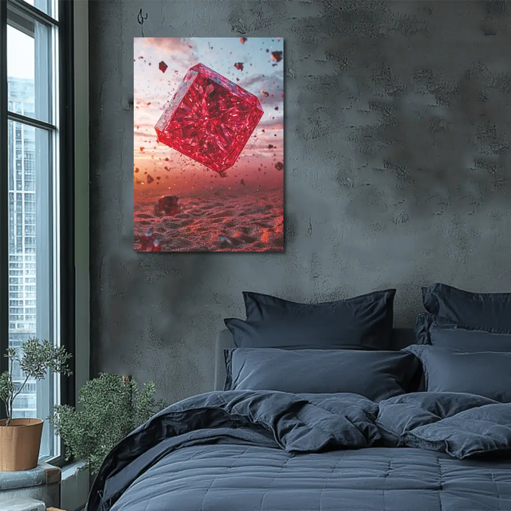 Red Crystal Cube Floating Desert Sunset – Wall Art