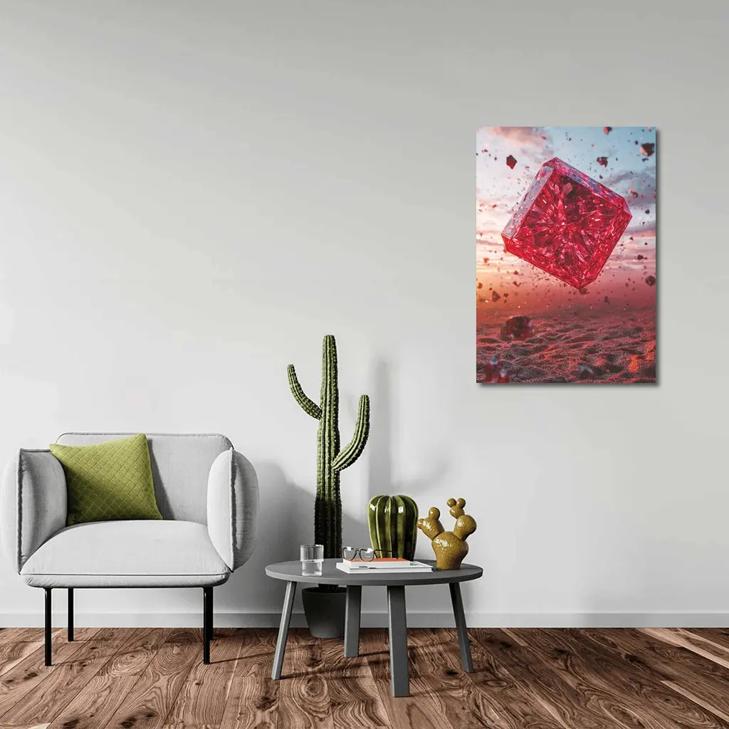 Red Crystal Cube Floating Desert Sunset – Wall Art