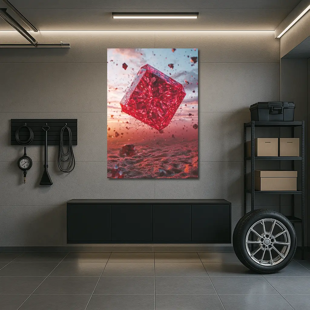 Red Crystal Cube Floating Desert Sunset – Wall Art