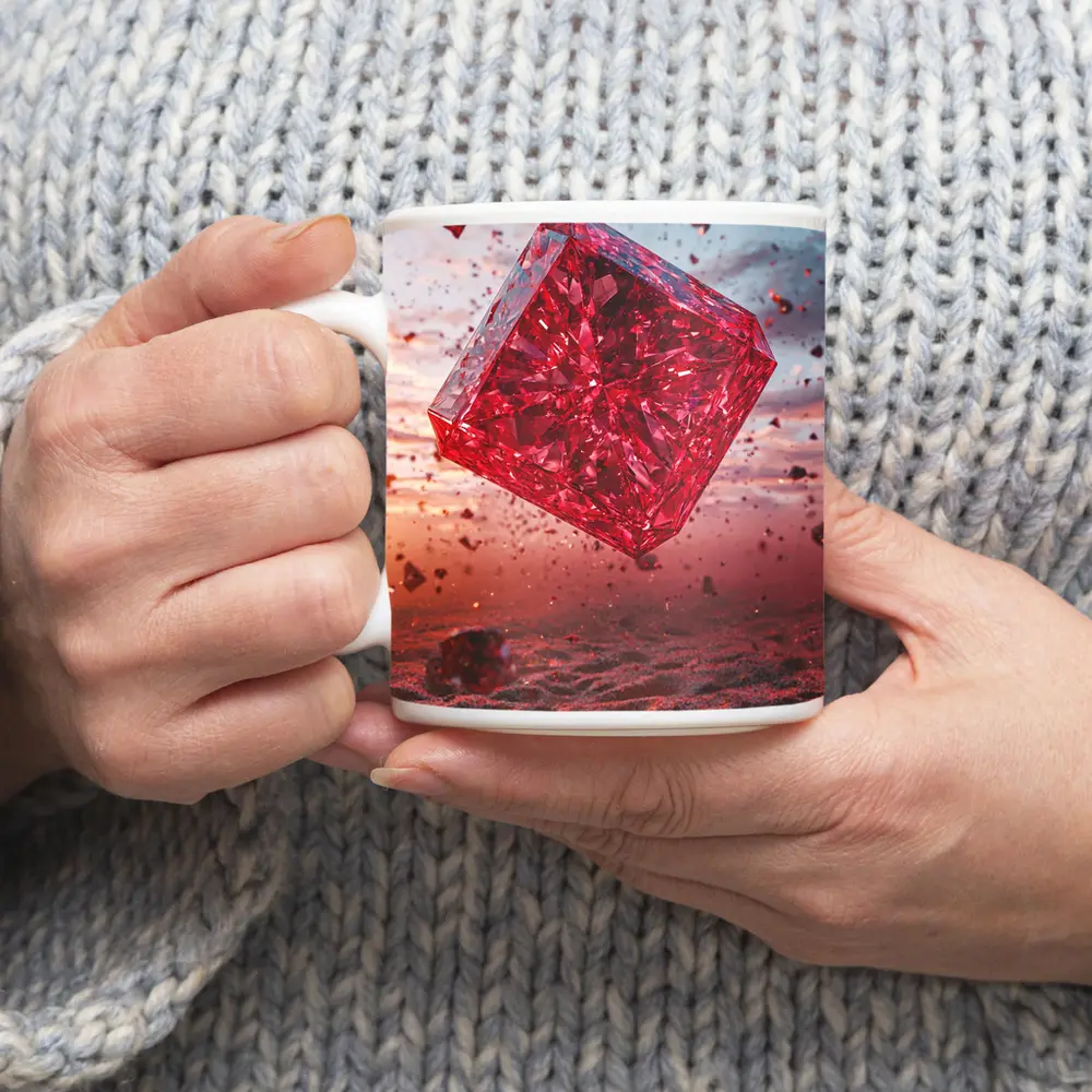 Red Crystal Cube Floating Desert Sunset – Mugs