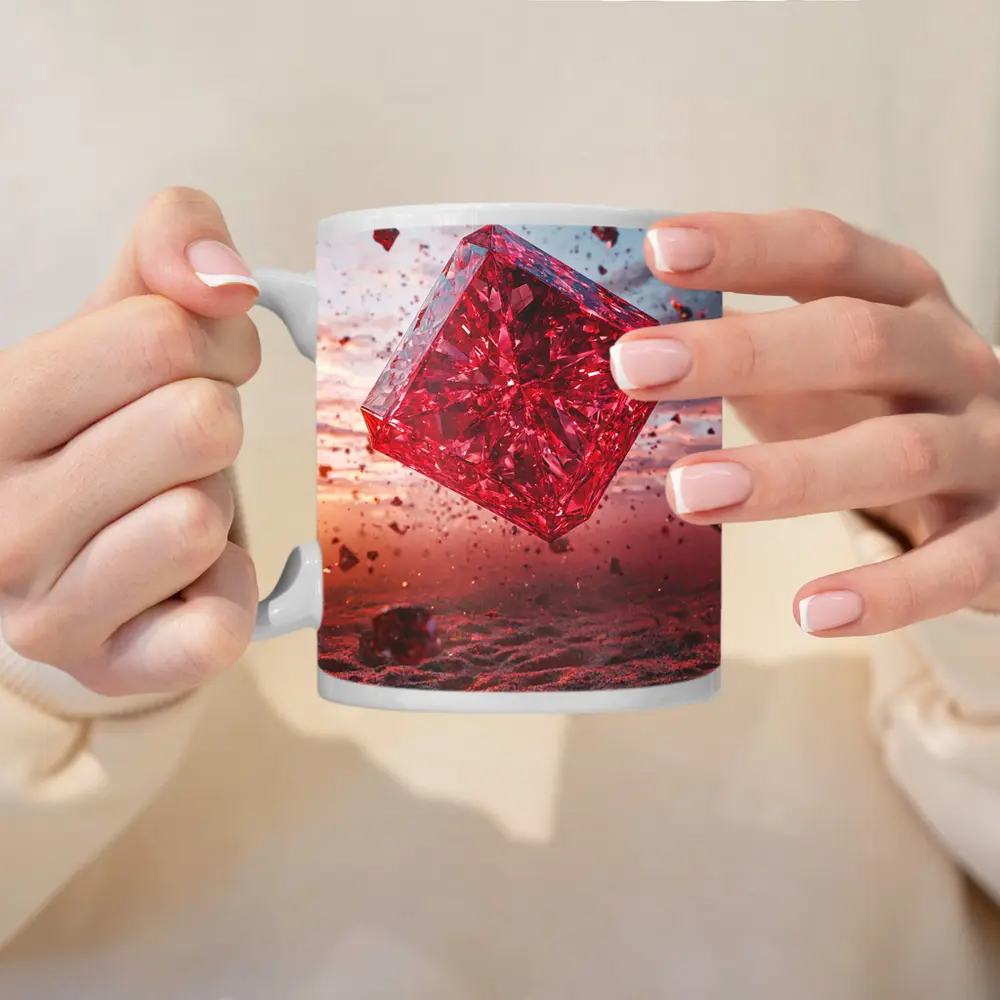 Red Crystal Cube Floating Desert Sunset – Mugs