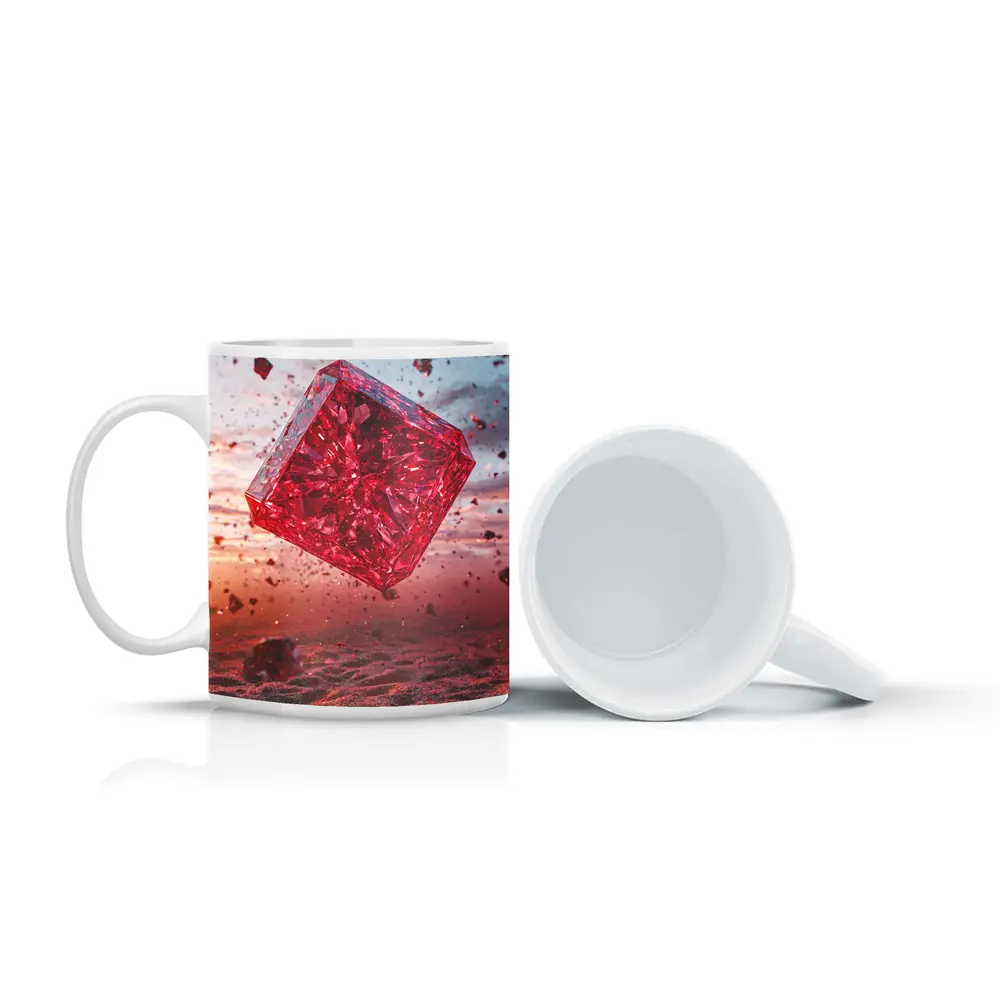 Red Crystal Cube Floating Desert Sunset – Mugs