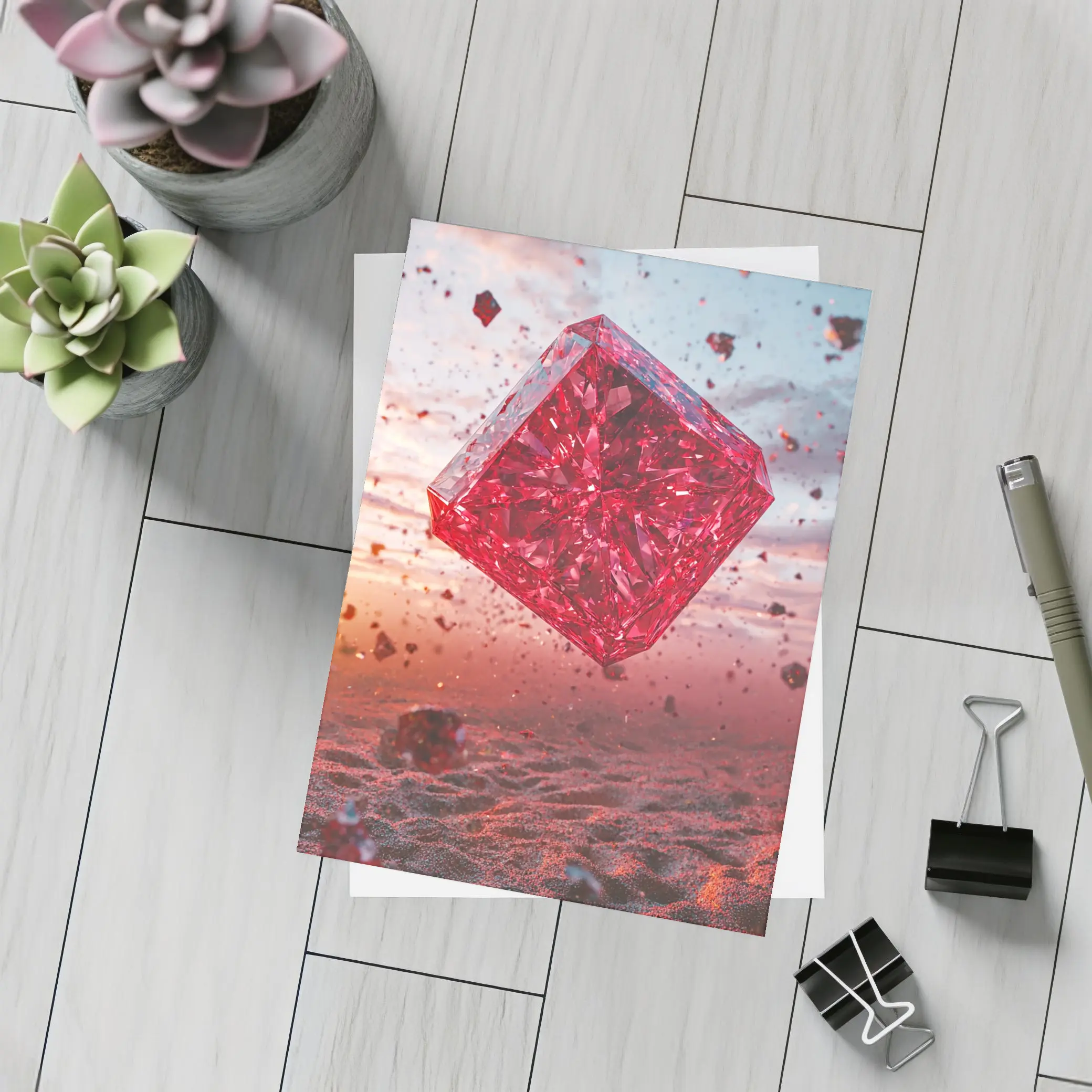 Red Crystal Cube Floating Desert Sunset – Postcards