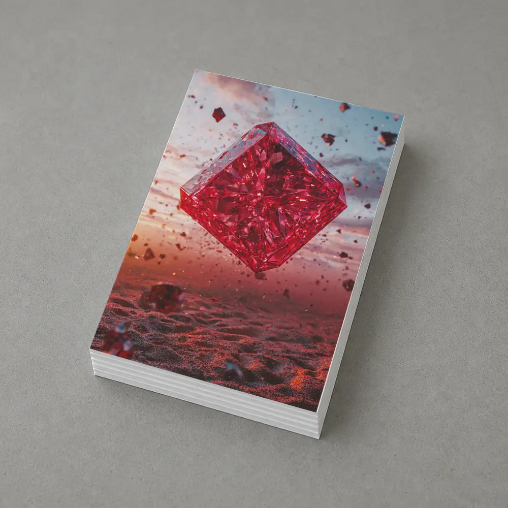 Red Crystal Cube Floating Desert Sunset – Postcards