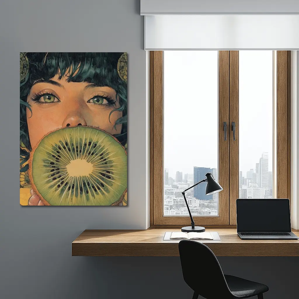 Woman Green Eyes Kiwi Fruit Illustration Art – Wall Art