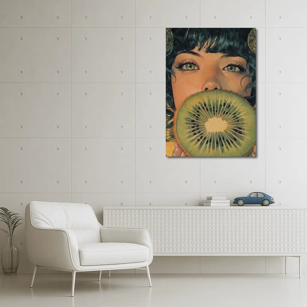 Woman Green Eyes Kiwi Fruit Illustration Art – Wall Art