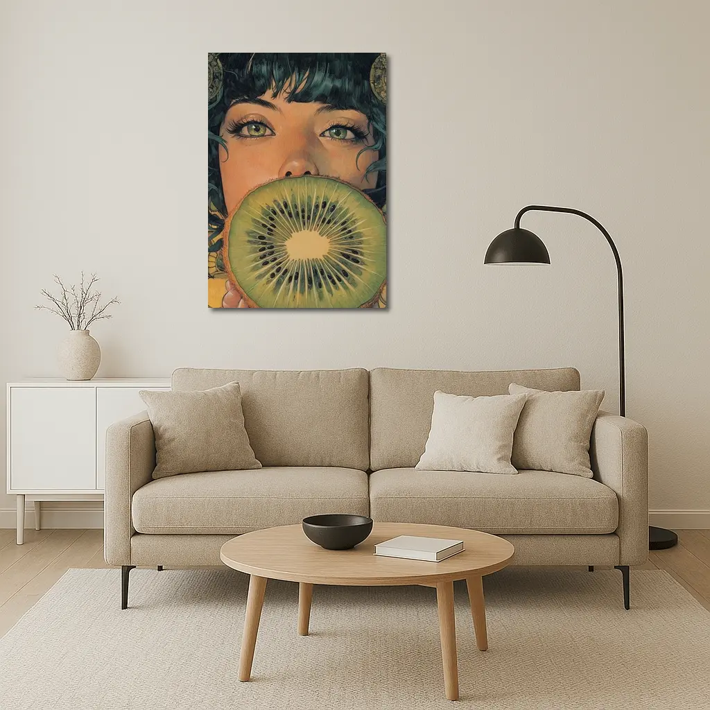 Woman Green Eyes Kiwi Fruit Illustration Art – Wall Art