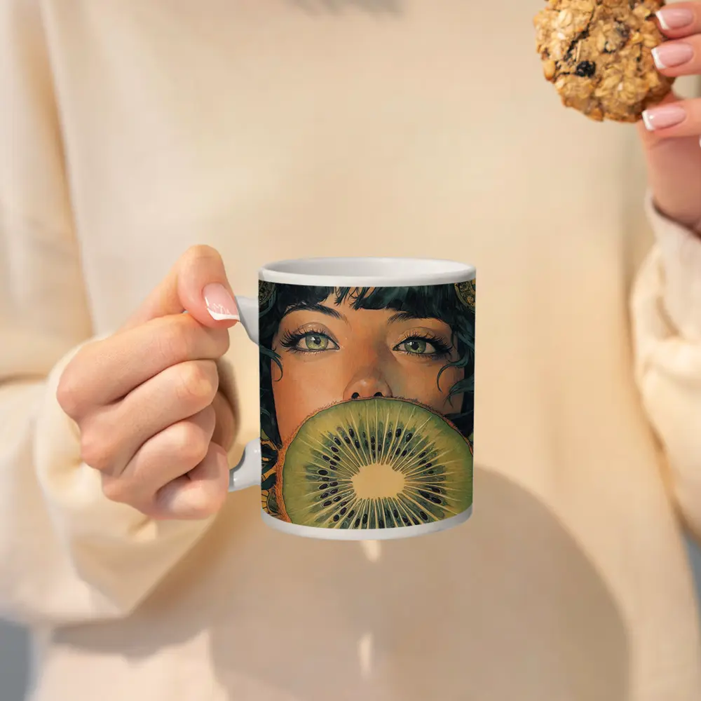 Woman Green Eyes Kiwi Fruit Illustration Art – Mugs