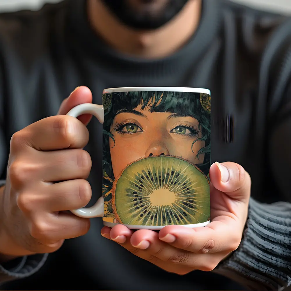Woman Green Eyes Kiwi Fruit Illustration Art – Mugs