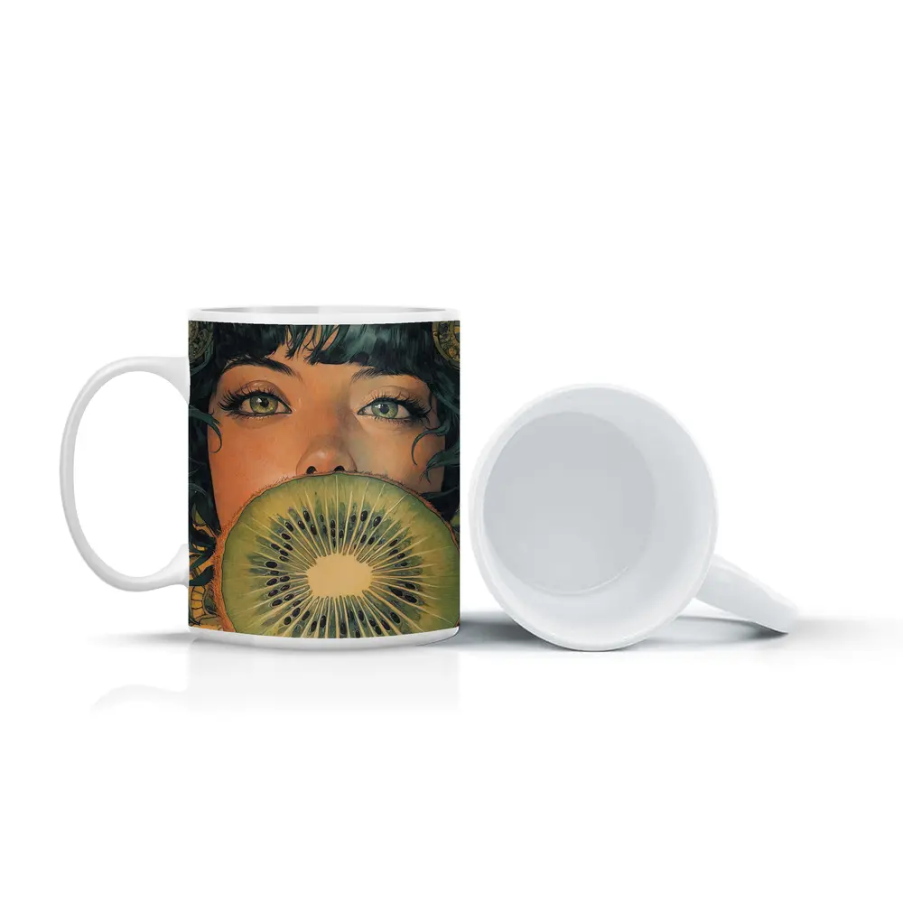 Woman Green Eyes Kiwi Fruit Illustration Art – Mugs
