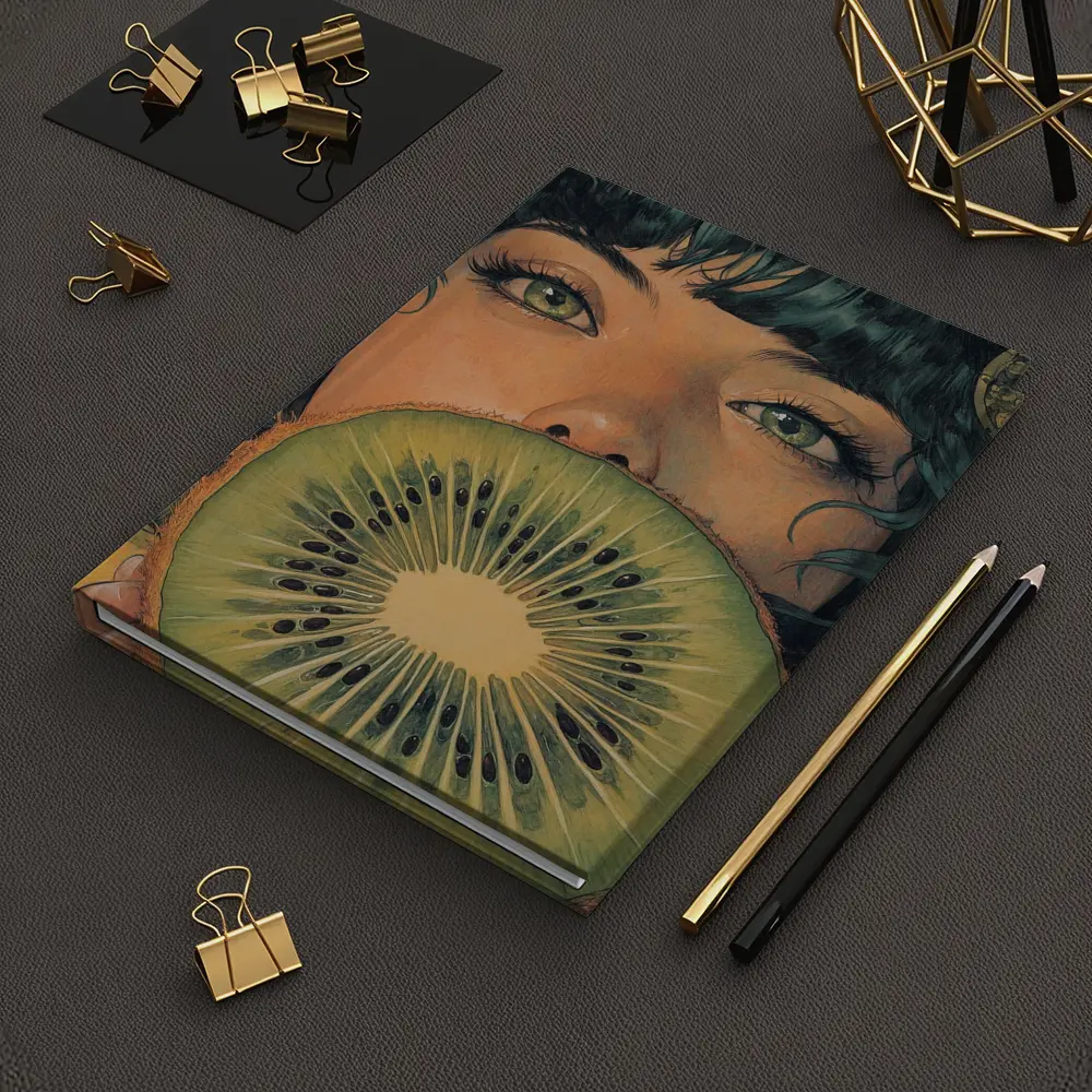 Woman Green Eyes Kiwi Fruit Illustration Art – Notebooks