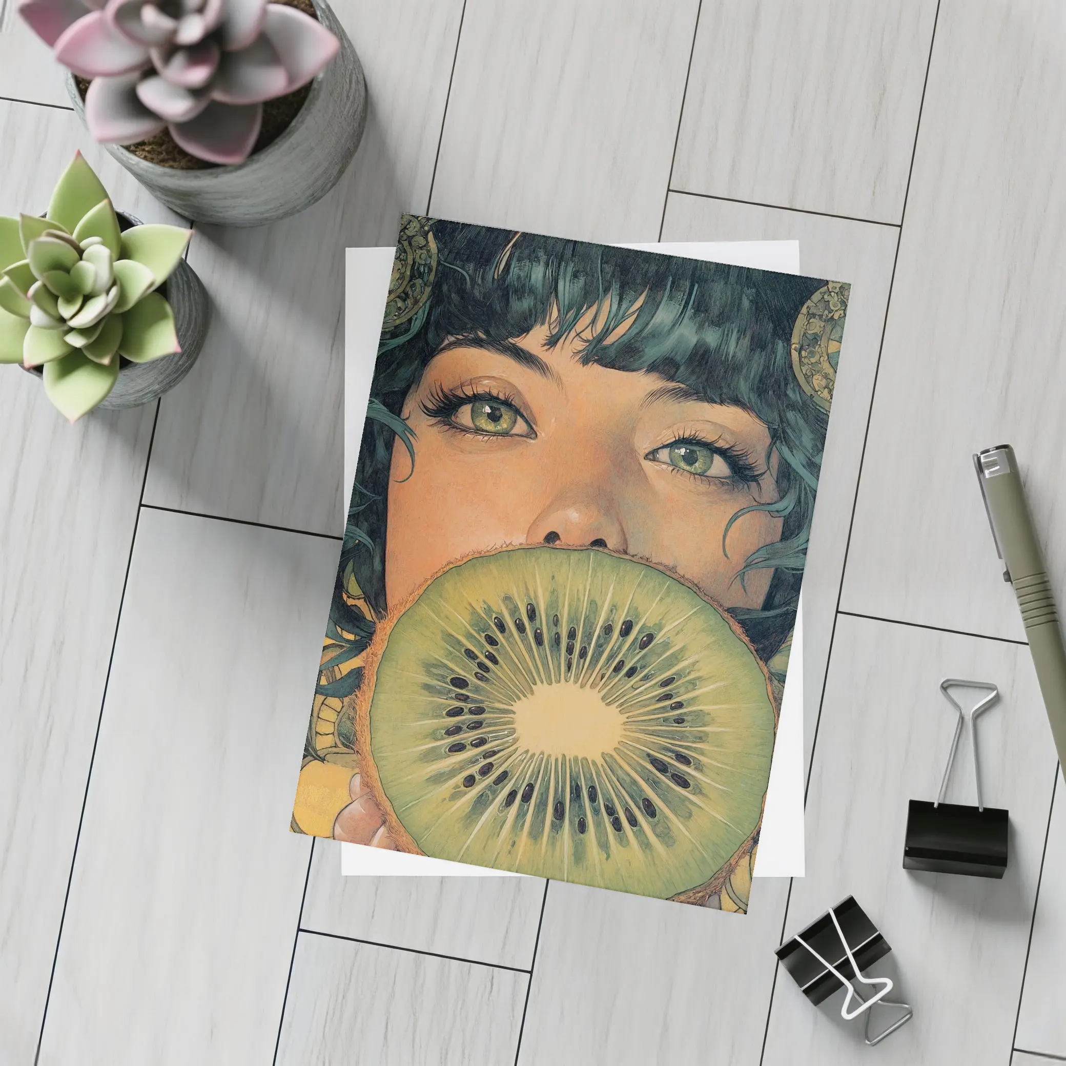 Woman Green Eyes Kiwi Fruit Illustration Art – Postcards
