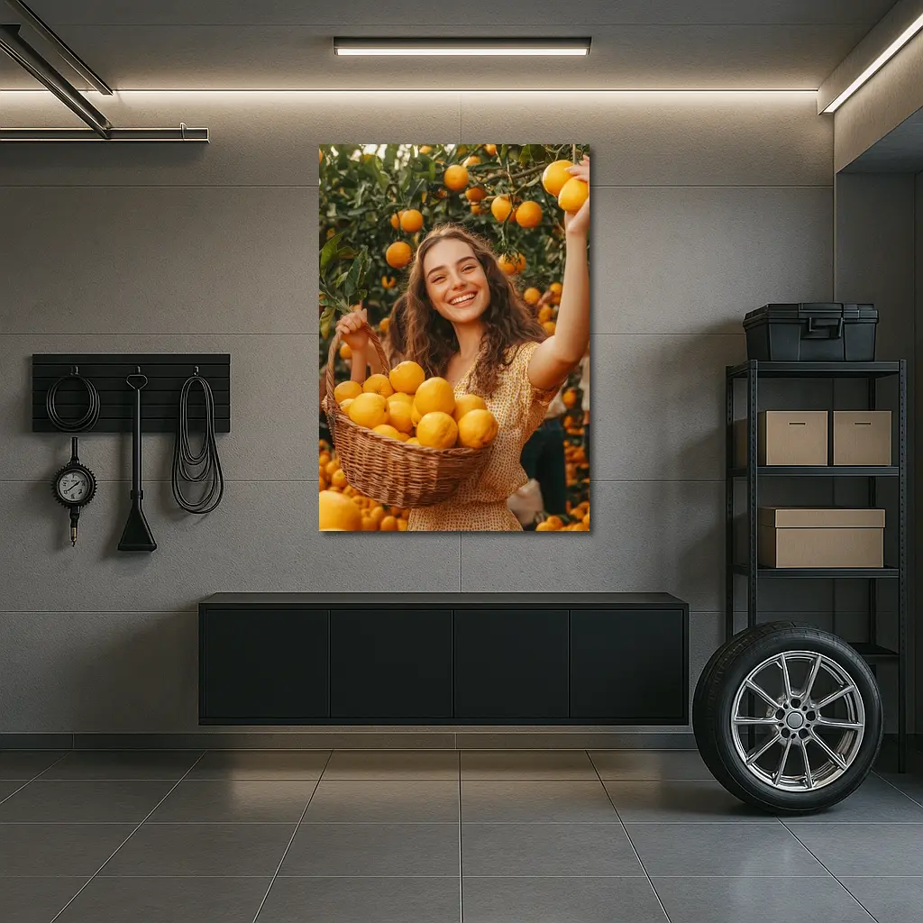 Smiling Woman Picking Lemons Citrus Orchard – Wall Art