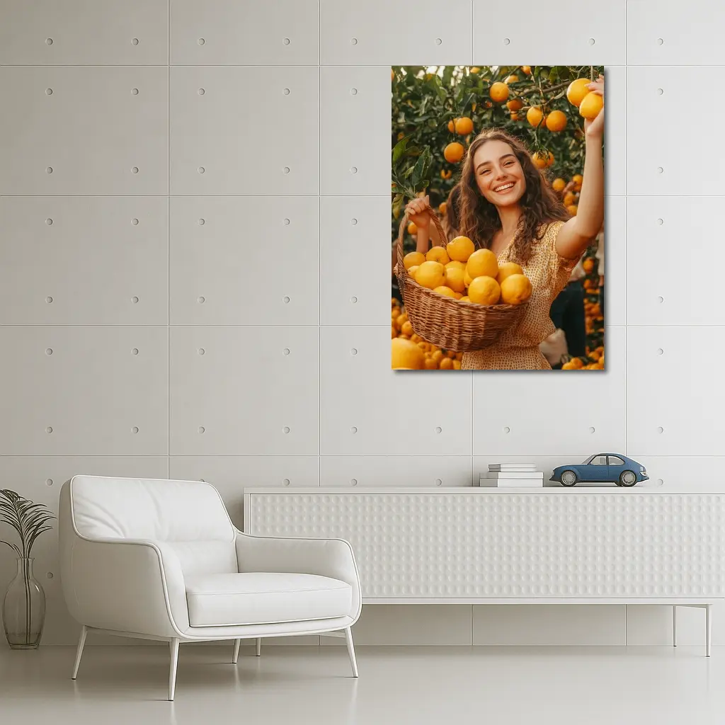 Smiling Woman Picking Lemons Citrus Orchard – Wall Art