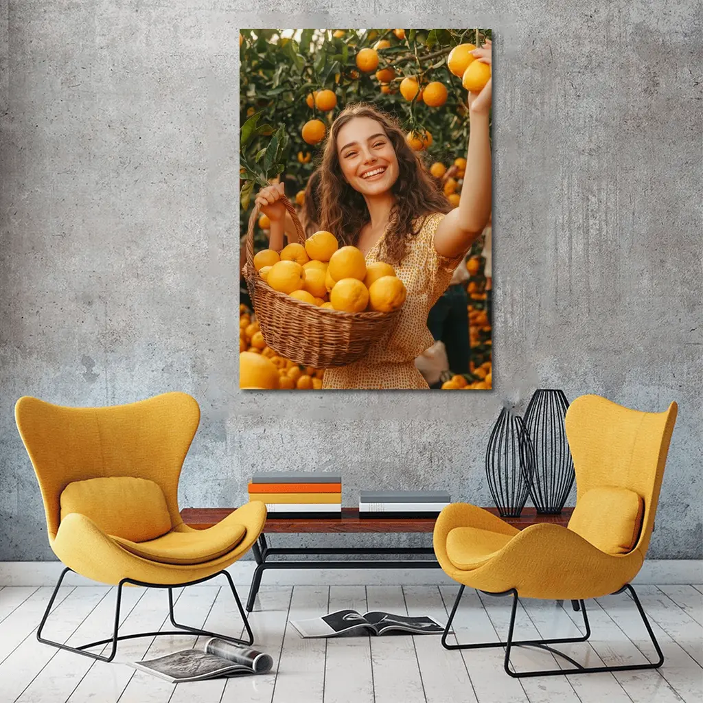 Smiling Woman Picking Lemons Citrus Orchard – Wall Art