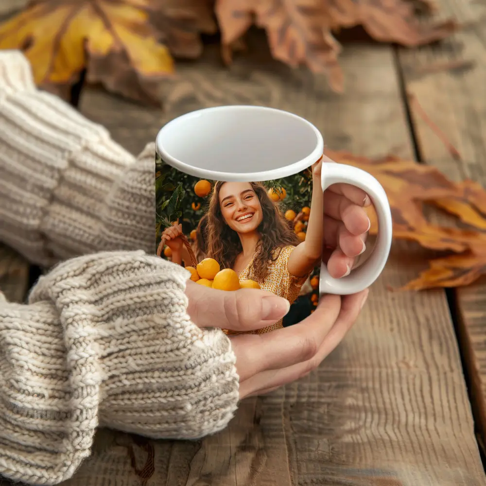 Smiling Woman Picking Lemons Citrus Orchard – Mugs