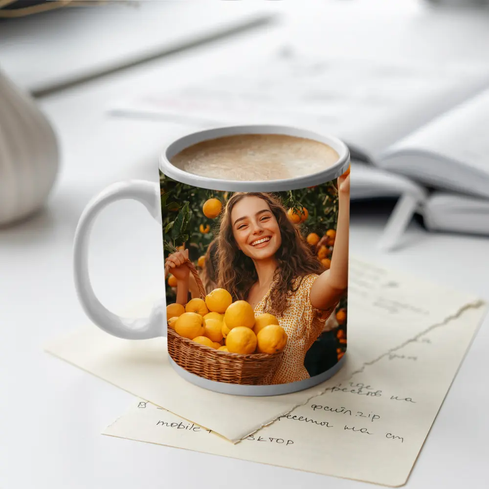 Smiling Woman Picking Lemons Citrus Orchard – Mugs