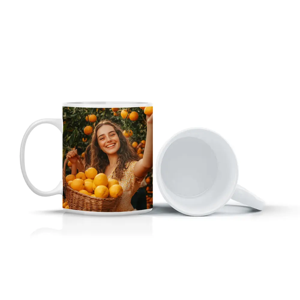 Smiling Woman Picking Lemons Citrus Orchard – Mugs