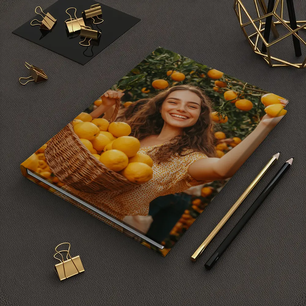 Smiling Woman Picking Lemons Citrus Orchard – Notebooks