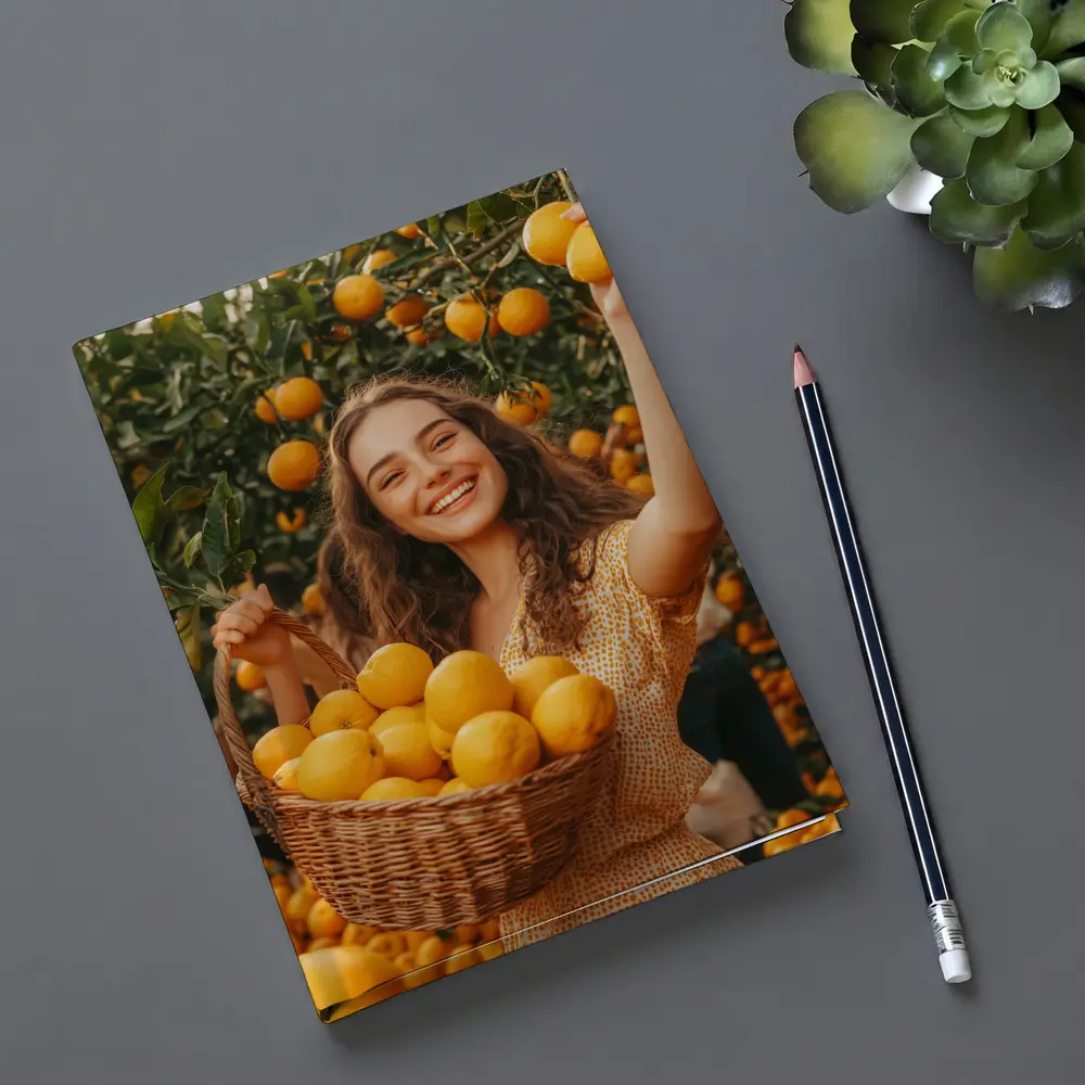 Smiling Woman Picking Lemons Citrus Orchard – Notebooks