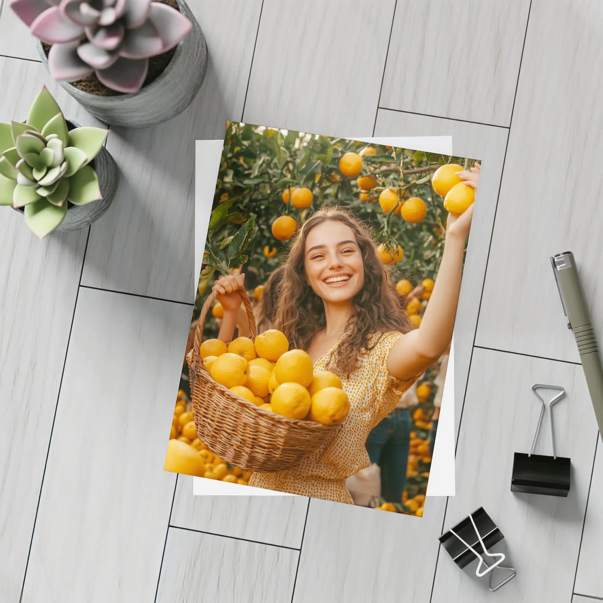 Smiling Woman Picking Lemons Citrus Orchard – Postcards