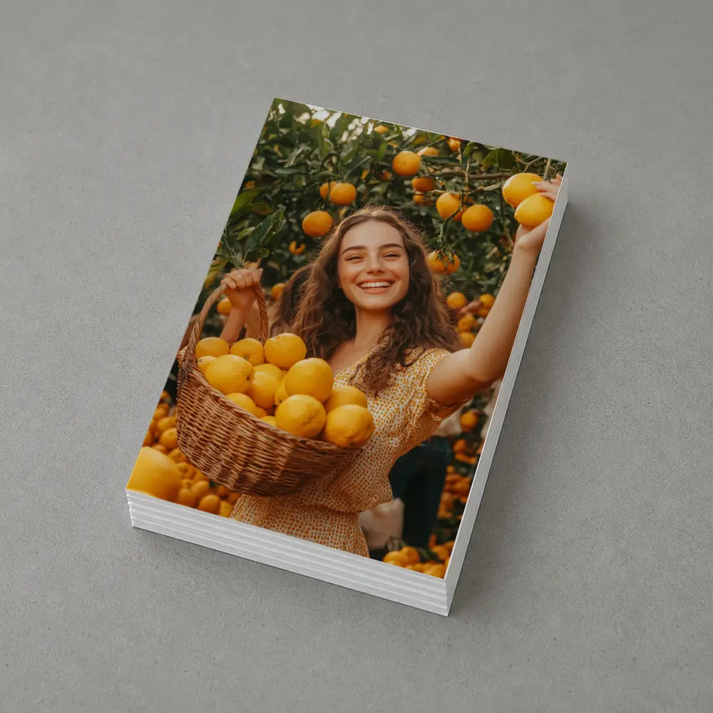 Smiling Woman Picking Lemons Citrus Orchard – Postcards